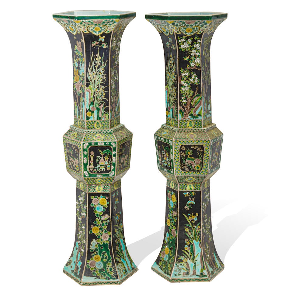 A PAIR OF CHINESE EXPORT PORCELAIN FAMILLE VERTE HEXAGONAL GU-FORM VASES20th century (1 of 1)