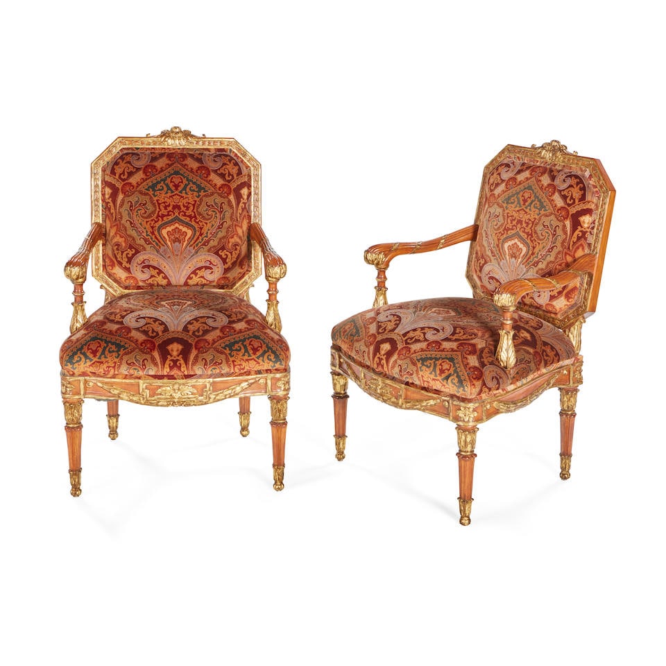 A PAIR OF FRENCH STYLE GILT AND STAINED WOOD FAUTEUILSMichael Taylor (1926-1986), San Francisco: A PAIR OF FRENCH STYLE GILT AND STAINED WOOD FAUTEUILS Michael Taylor (1926-1986), San Francisco height 40in (102cm); width 26in (66cm); depth 24in (61cm) Lot to be sold without reserve. For further i