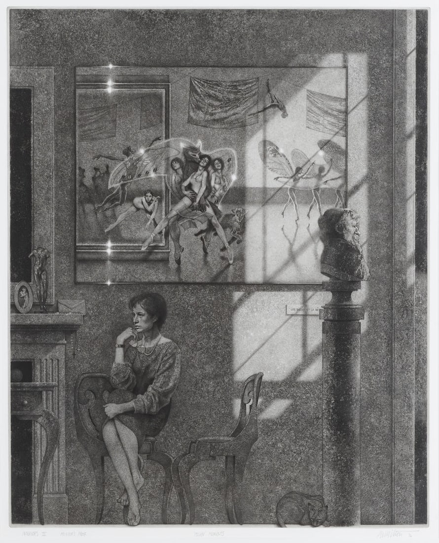Peter Milton (born 1930); Stolen Moments, from Interiors II;: Peter Milton (born 1930) Stolen Moments, from Interiors II (Milton 108), 1986 Etching and engraving on Rives BFK paper, signed in pencil, titled, dated and annotated 'Printer's Proof' (aside from the