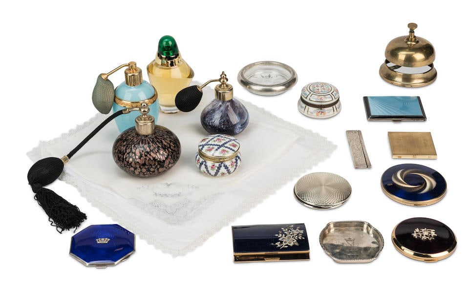 Vanessa Kirby, Helena Bonham Carter & Lesley Manville (as Princess Margaret): A selection of cha...: Vanessa Kirby, Helena Bonham Carter & Lesley Manville (as Princess Margaret): A selection of character dressing table accessories used across seasons and actors To include: a silver-mounted and blue g