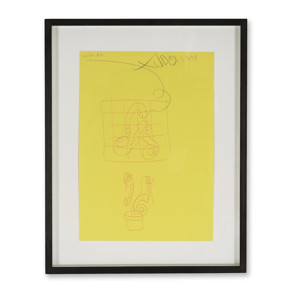 TETSUMI KUDO (NE EN 1935) Sans titre, 1998 Lithographie en rouge sur vélin jauneSigné...: TETSUMI KUDO (NE EN 1935) Sans titre, 1998 Lithographie en rouge sur vélin jaune Signée, datée annotée 'AP' et numérotée '22/50' 29,5 x 21 cm Red lithograph on yellow vel