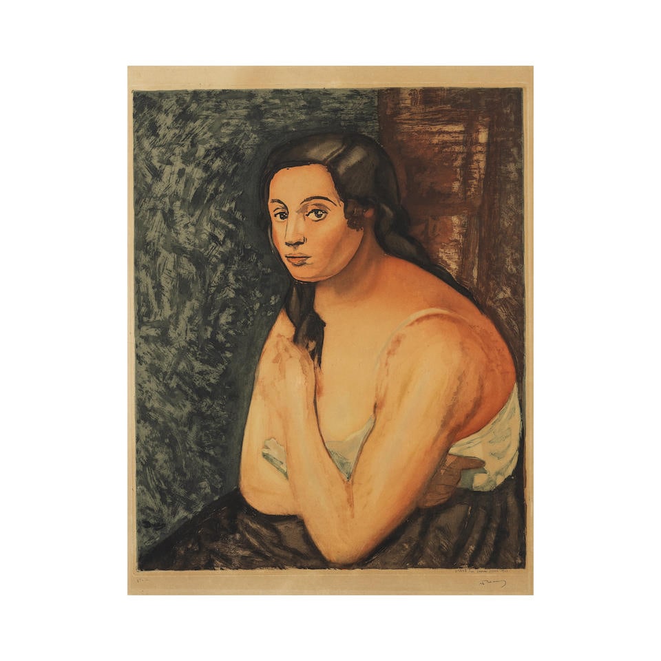 ANDRÉ DERAIN (1880-1954) Buste de femme, 1922 (Ginestet et Pouillon, E 635)Aquatinte en cou...: ANDRÉ DERAIN (1880-1954) Buste de femme, 1922 (Ginestet et Pouillon, E 635) Aquatinte en couleur sur vergé contrecollée sur carton, gravée par Jacques Villon Signée par Derain