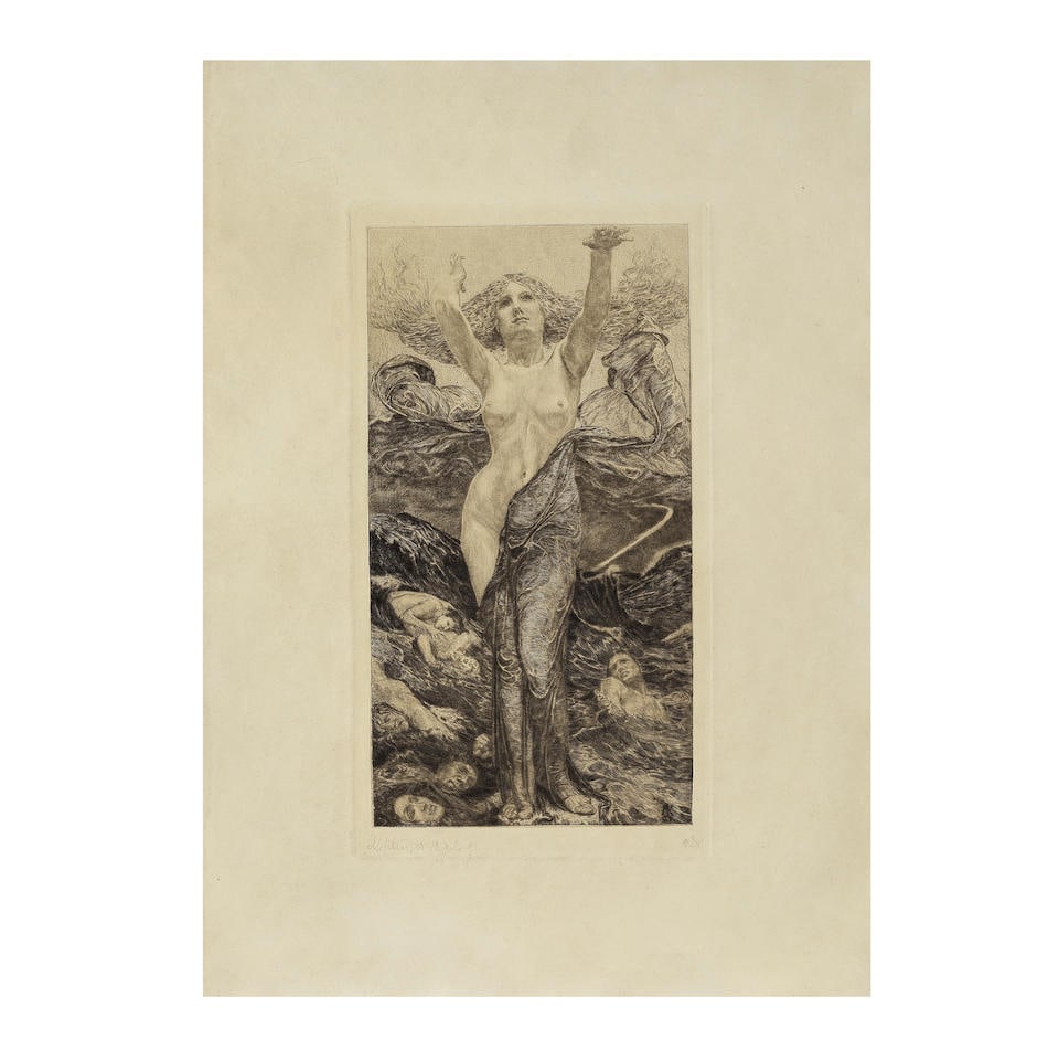 MAX KLINGER (1857-1920) La Nymphe des Eaux, 18 Juillet 91 (Singer, 213 II)Eau-forte et aquatinte...: MAX KLINGER (1857-1920) La Nymphe des Eaux, 18 Juillet 91 (Singer, 213 II) Eau-forte et aquatinte sur japon Signée et datée 39,8 x 28,8 cm Etching and aquatint on Japan paper, signed and dat