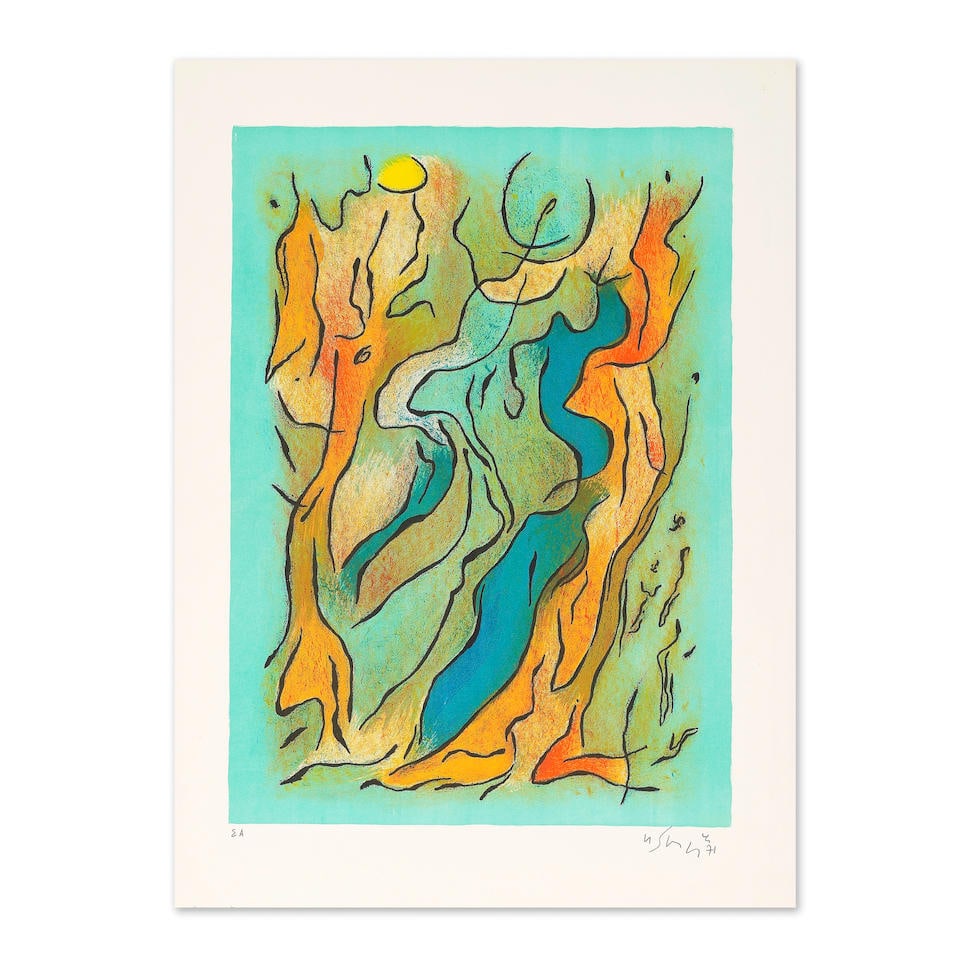 GUSTAVE SINGIER (1909-1984) Egéennes matinales, 1971 Lithographie en couleurs sur véli...: GUSTAVE SINGIER (1909-1984) Egéennes matinales, 1971 Lithographie en couleurs sur vélin d'Arches Signée, datée et annotée 'EA' 76 x 56 cm Colour lithograph on Arches wove pape