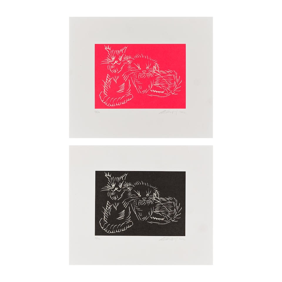 AI WEIWEI (NE EN 1957) Cats (Black and Red), 2022 Deux sérigraphies en rouge sur papier Sau...: AI WEIWEI (NE EN 1957) Cats (Black and Red), 2022 Deux sérigraphies en rouge sur papier Saunders Waterford Signées, datées et numérotées 65/150 et 28/150 au crayon Publié