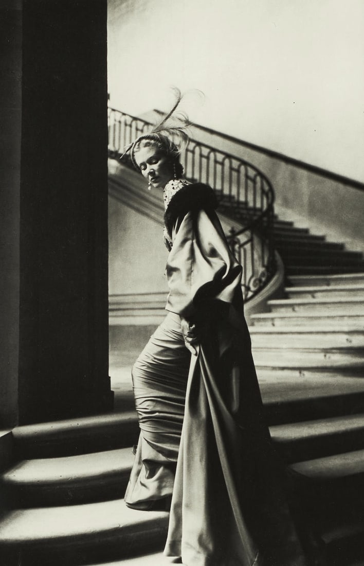 Fernand Fonssagrives (1910-2003); 'Chez Jacque[s] Fath' (Lisa Fonssagrives);: Fernand Fonssagrives (1910-2003) 'Chez Jacque[s] Fath' (Lisa Fonssagrives), 1949-50 Gelatin silver print, printed later; signed, titled, annotated, and numbered '/50' in pencil on the reverse, framed,