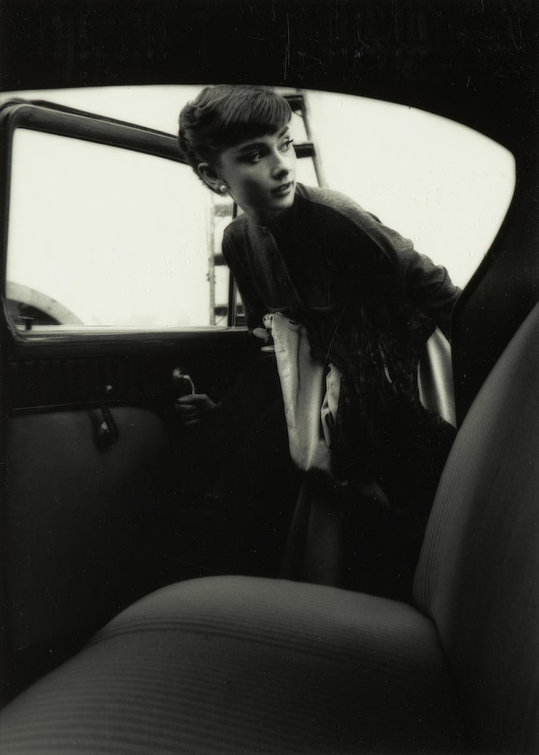 Bob Willoughby (1927-2007); 'Audrey Hepburn at Paramount Studios, Hollywood, Ca.';: Bob Willoughby (1927-2007) 'Audrey Hepburn at Paramount Studios, Hollywood, Ca.', 1953 Gelatin silver print, printed 1960; signed, titled, annotated, and dated in pencil on the reverse, framed, a Hube