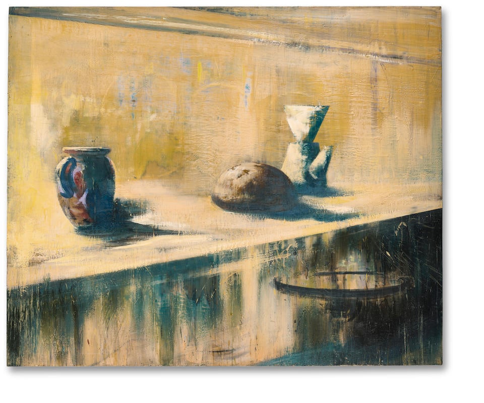 TONY SCHERMAN (1950-2023) Still Life With Melitta I, 1986/1987: TONY SCHERMAN (1950-2023) Still Life With Melitta I, 1986/1987 signed, titled and dated 86/87 on the overlap encaustic on canvas 60 3/16 by 72 3/16 in. 152.9 by 183.4 cm. Footnotes: Provenance Koplin