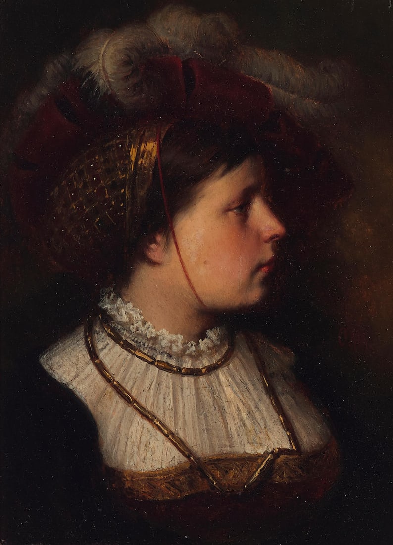 Dutch School (18th Century) A portrait of a young woman in a feathered hat 8 3/4 x 6 1/4in (22 x... (1 of 2)