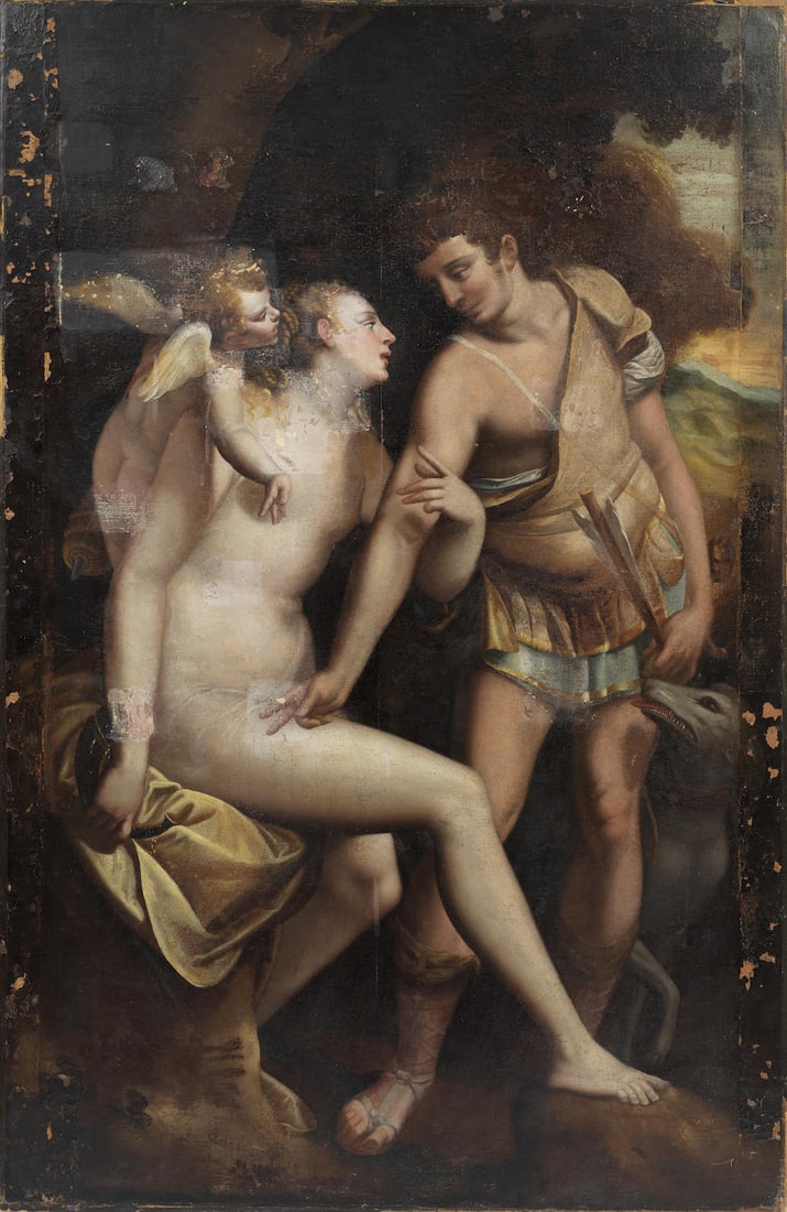 Workshop of Luca Cambiaso (Moneglia 1527-1585 Madrid) Venus and Adonis unframed: Workshop of Luca Cambiaso (Moneglia 1527-1585 Madrid) Venus and Adonis oil on canvas, extended on both vertical edges by approx. 8cm. 185.3 x 120.4cm (72 15/16 x 47 3/8in). unframed Footnotes: The pre