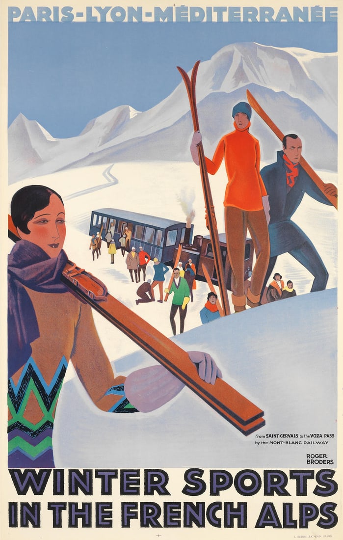 ROGER BRODERS WINTER SPORTS IN THE FRENCH ALPS. PLM. From Saint-Gervais to the Voza Pass by the ...: ROGER BRODERS WINTER SPORTS IN THE FRENCH ALPS. PLM. From Saint-Gervais to the Voza Pass by the Mont-Blanc Railway lithographic poster in colours, c.1930, printed by L.Serre & Cie., Paris, cond.A, bac
