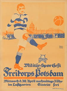 THEODOR MULLER-LUDWIG FREIKORPS POTSDAM: THEODOR MULLER-LUDWIG FREIKORPS POTSDAM lithographic poster in colours, 1919, printed by Robert Muller, Postdam, cond.B, not backed. 37½ x 27½ins. (95 x 70cm.) Footnotes: With ownership