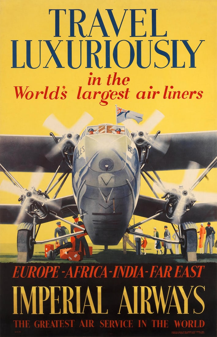 VERNEY L. DANVERS IMPERIAL AIRWAYS, TRAVEL LUXURIOUSLY: VERNEY L. DANVERS IMPERIAL AIRWAYS, TRAVEL LUXURIOUSLY lithographic poster in colours, printed by Ben Johnson & Co., Ltd., cond A, backed on linen 30 x 20ins. (76 x 49cm.) For further information on t