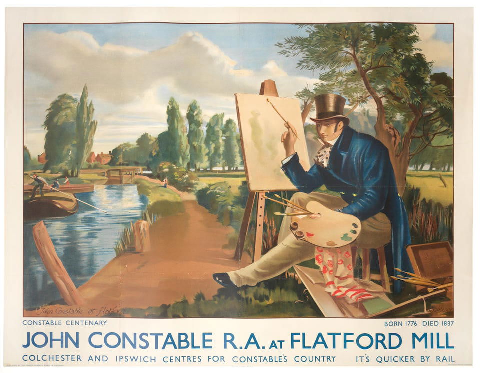 HENRY RUSHBURY JOHN CONSTABLE R.A. AT FLATFORD MILL: HENRY RUSHBURY JOHN CONSTABLE R.A. AT FLATFORD MILL lithographic poster in colours, printed by Haycock Press, London, cond. B-, backed on linen, 40 x 50in. (102 x 127cm.) For further information on th