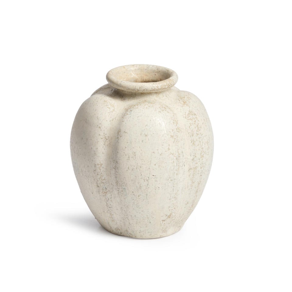 AN ARNE BANG SAND GLAZED STONEWARE VASE, Denmark, 1930s-1940s, fluted design, signed with initia... (1 of 2)