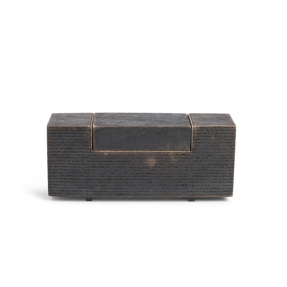 STUDIO CERAMIC TABLE SCULPTURE/BOX, black glazed two-part box construction, marked to underside,... (1 of 2)