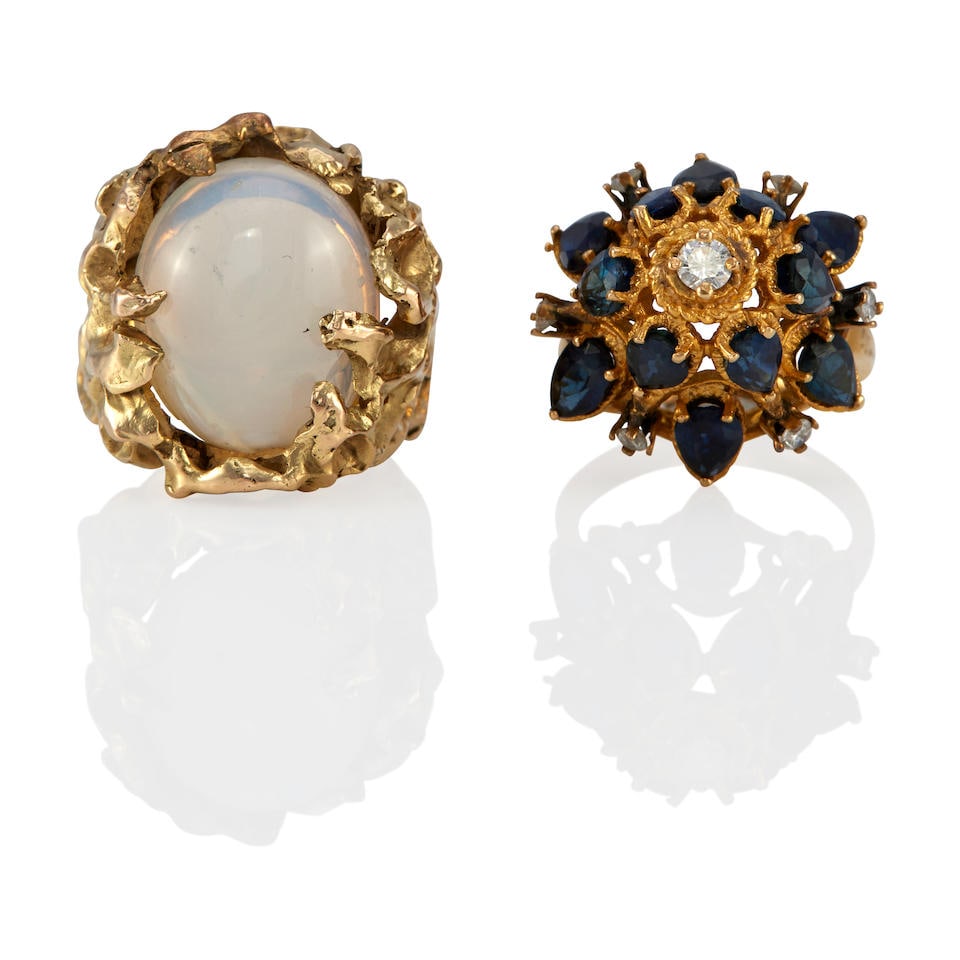TWO 14K GOLD, CHALCEDONY, SAPPHIRE AND DIAMOND RINGS (1 of 5)