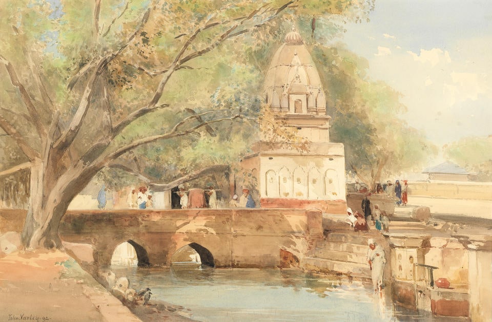 John Varley Jnr. (British, 1850-1933) 'Temple in the Canal, Delhi': John Varley Jnr. (British, 1850-1933) 'Temple in the Canal, Delhi' signed and dated 'John.Varley.92.' (lower left), inscribed with title (verso) watercolour with traces of pencil 33.7 x 52.1cm (13 1/4