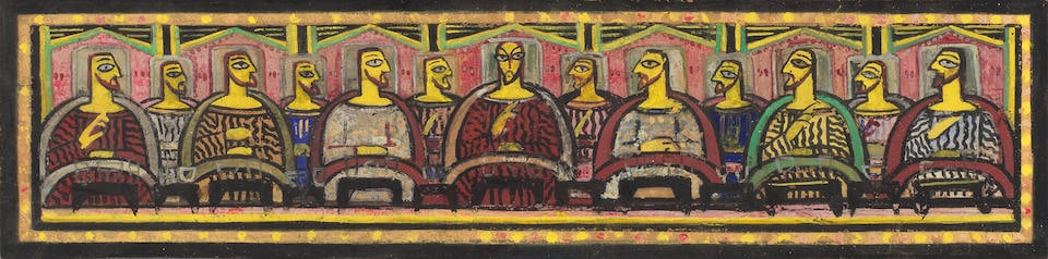 Jamini Roy (1887-1972) Untitled (The Last Supper): Jamini Roy (1887-1972) Untitled (The Last Supper) gouache on paper, framed 14.8 x 59.1cm (5 13/16 x 23 1/4in). Footnotes: Provenance Property from a private collection, UK. Acquired in India by F