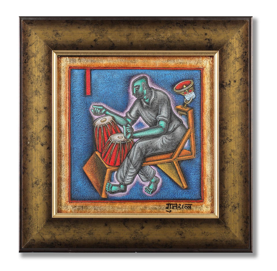 Satish Gujral (1925-2020) Untitled (Man playing the tabla): Satish Gujral (1925-2020) Untitled (Man playing the tabla) signed 'Gujral' in Devanagiri lower right; further signed and dated Satish Gujral, 2010, verso mixed media on canvas, framed 30.5 x 30.5cm (1
