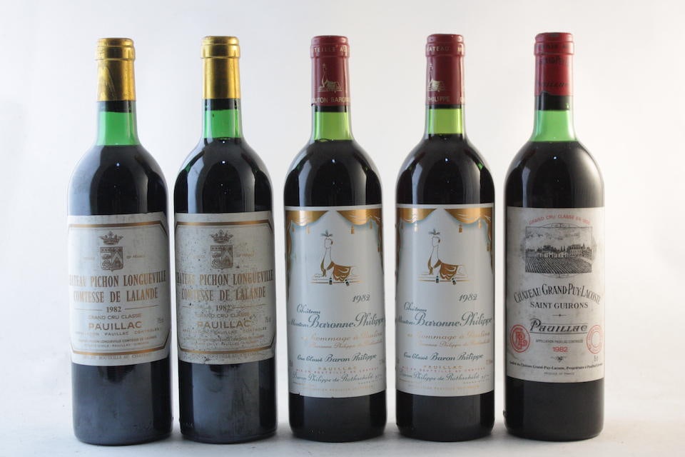 Château Pichon Lalande 1982, Pauillac 2me Cru Classé (2) Château Grand Puy Lacost...: Château Pichon Lalande 1982 (2) Pauillac 2me Cru Classé (1 very top, 1 top shoulder; bin-soiled labels - 1 badly; corroded capsules) Château Grand Puy Lacoste 1982 (1) Pauillac 5me Cru