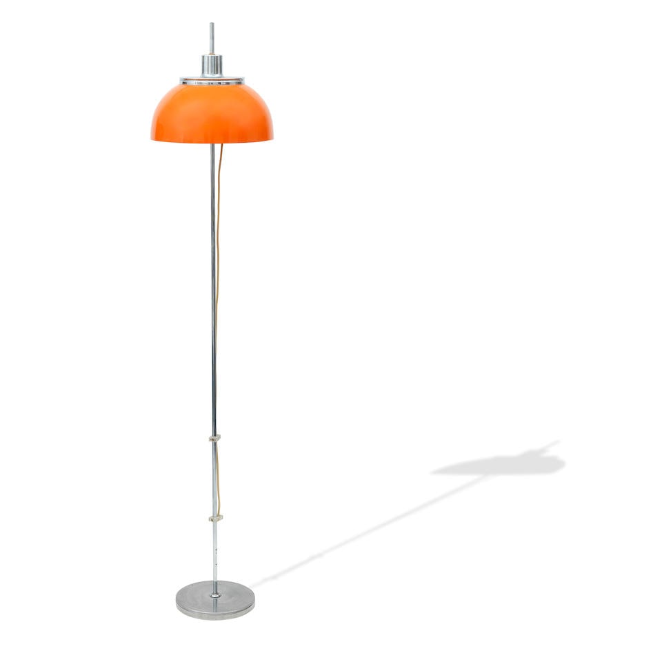 A Harvey Guzzini Faro chrome and acrylic adjustable floor lamp, circa 1971: A Harvey Guzzini Faro chrome and acrylic adjustable floor lamp, circa 1971 With Orange shade and label inscribed 'Harvey Guzzini made in Italy', fitted with two light fittings, 32cm diameter, 163cm hi