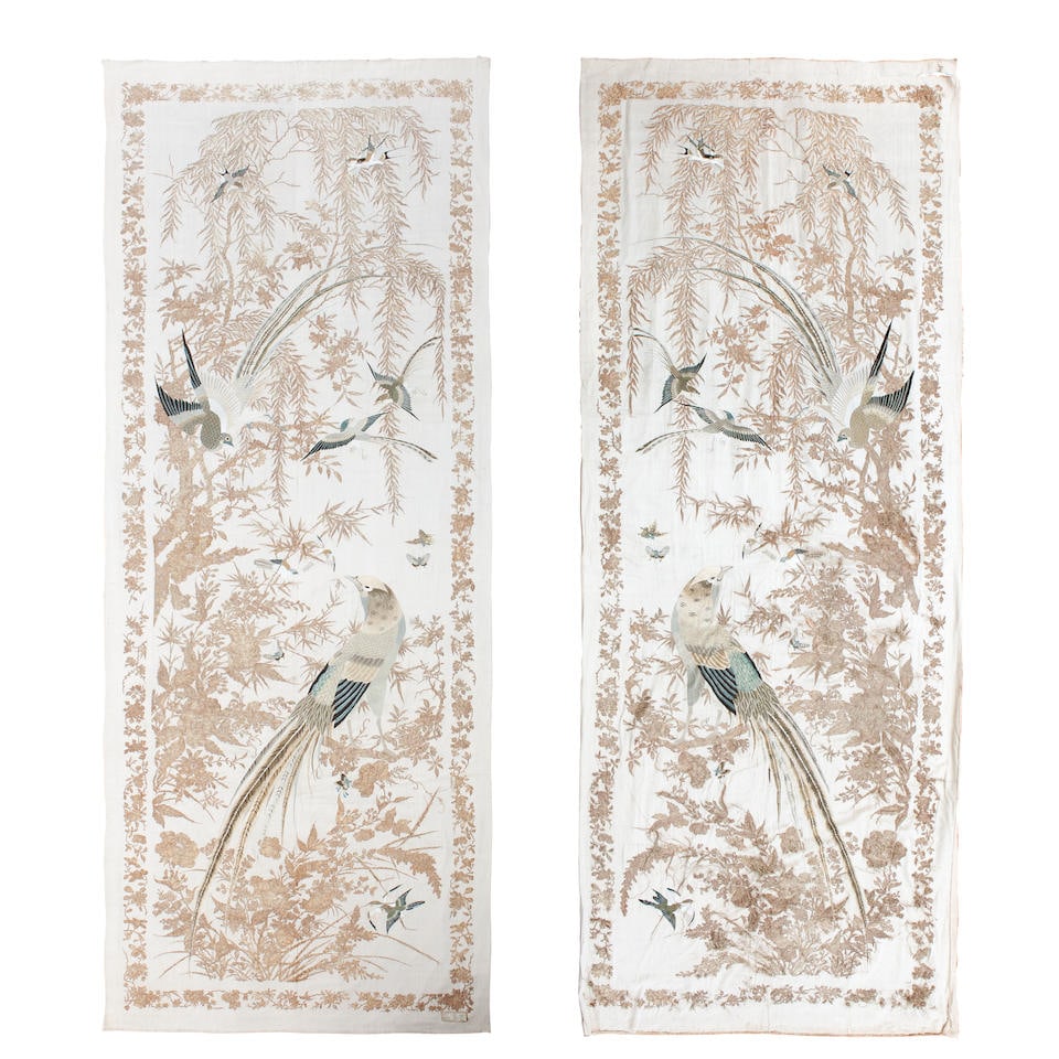 A pair of early 20th century silk Chinese embroidered wall hangings  Signed Bao sheng chang' ... (1 of 3)