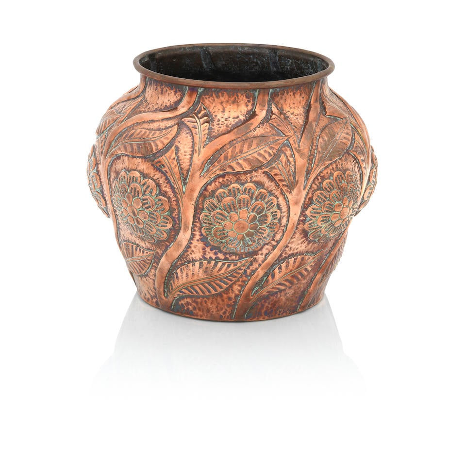 John Pearson, Newlyn School copper Jardiniere dated 1894: John Pearson, Newlyn School copper Jardiniere dated 1894 Decorated with Foliage and flowers, signed to the base 'H Pearson 1894' and '2154' within an oval cartouche, 31cm diameter, 27cm high (12in dia