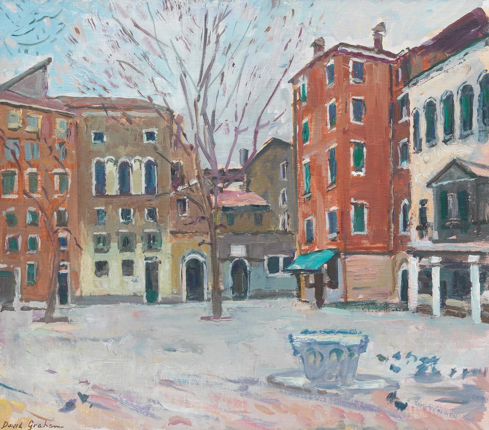 David Graham (British, born 1926) Campo de Gheto Novo, Venezia: David Graham (British, born 1926) Campo de Gheto Novo, Venezia signed 'David Graham' (lower left), further titled and dated to stretcher 'CAMPO DE GHETE NOVO/VENEZIA 1996' (verso) oil on canvas 45.7 x