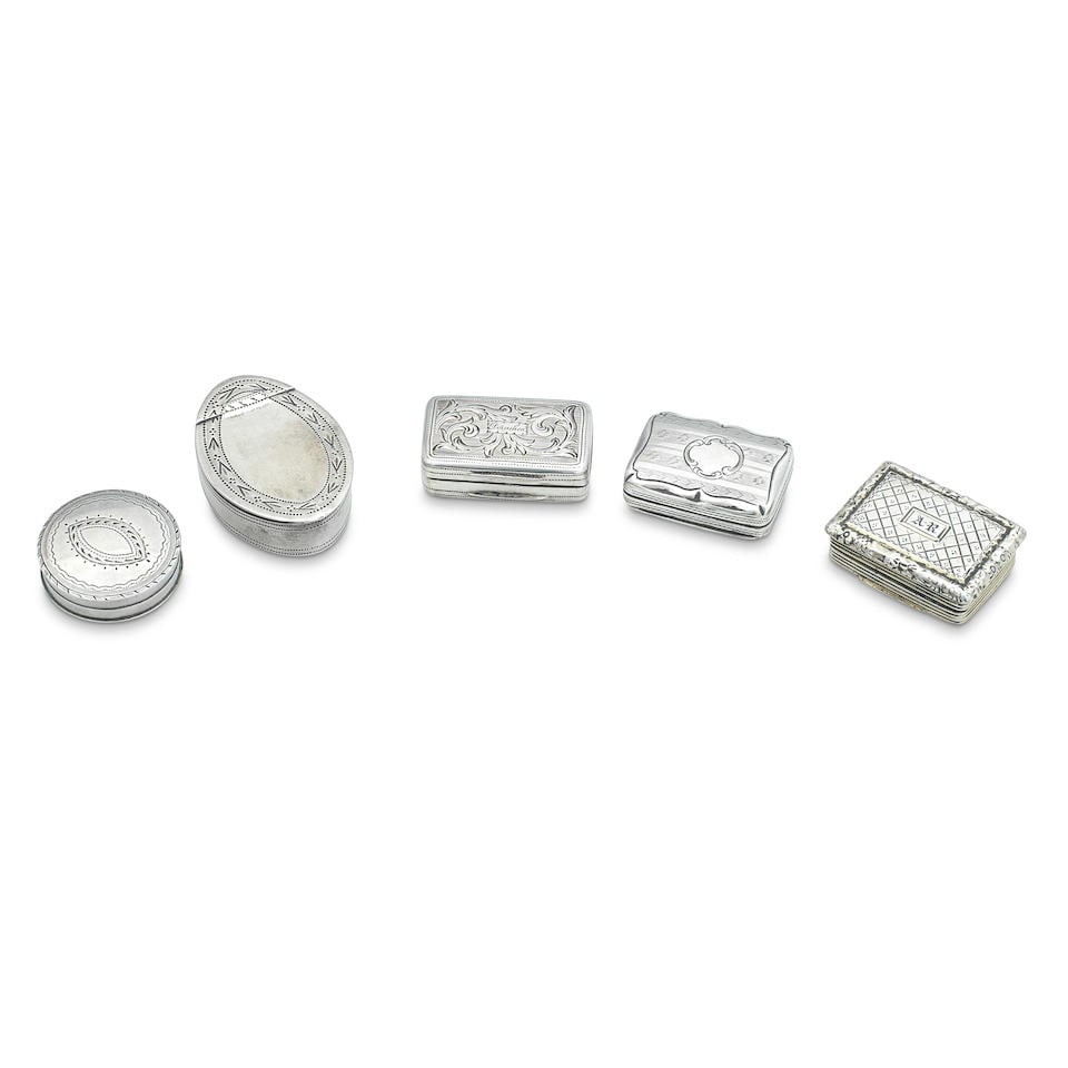 A George III pill box By John Thornton, Birmingham, 1799 (5): A George III pill box By John Thornton, Birmingham, 1799 Of oval form with bright-cut engraved border, 3.6cm wide, a circular pill box by Samuel Pemberton, Birmingham, 1791, a foliate engraved vinaig