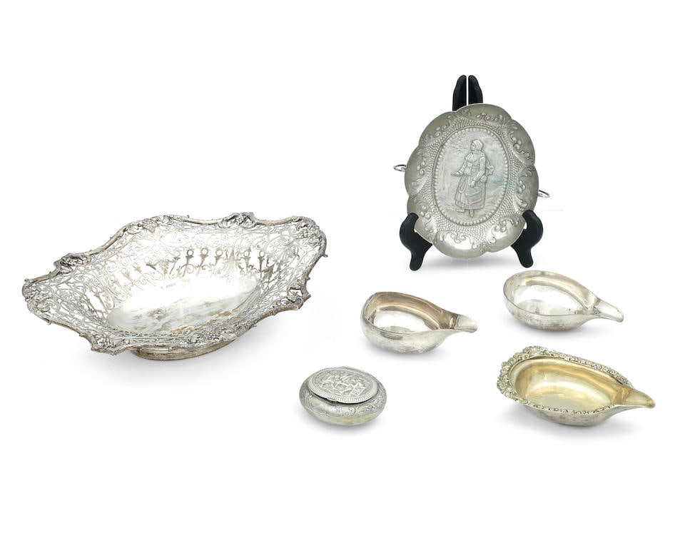 A collection of silver Mappin & Webb, Sheffield 1918, (6): A collection of silver Mappin & Webb, Sheffield 1918, Comprising a shallow dish of oval outline with deep pierced border, width 28cm, three George III silver pap boats, various dates and makers, two