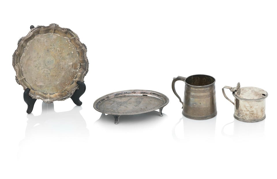 A collection of Georgian table silver (4): A collection of Georgian table silver Comprising a waiter, by William Peaston, London, 1754, 15.7cm diameter, a tapering reeded mug, by Thomas Johnson, London, 1819, a mustard pot, London, 1830 and a