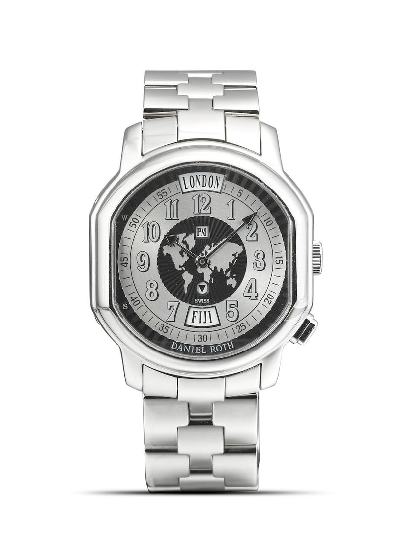 DANIEL ROTH | METROPOLITAN, REF.857.X.10, A STAINLESS STEEL WORLD TIME BRACELET WATCH, CIRCA 2005: DANIEL ROTH | METROPOLITAN, REF.857.X.10, A STAINLESS STEEL WORLD TIME BRACELET WATCH, CIRCA 2005 Case No: 16526 Calibre: Automatic, signed Dial: Silvered, signed Case: 38 x 40mm, stainless steel, scr