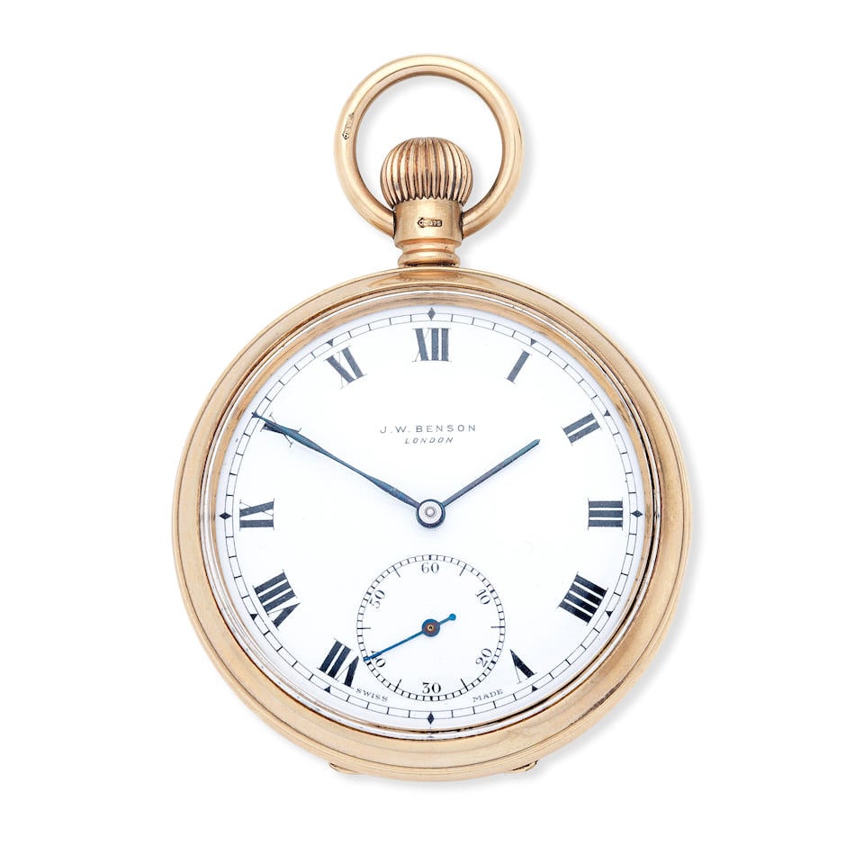 J.W Benson. A 9K gold keyless wind open face pocket watch London Hallmark for 1931: J.W Benson. A 9K gold keyless wind open face pocket watch Date: London Hallmark for 1931 Movement: Swiss lever Dial: White Case: Polished round, monogram and date to back Signed: Case, dial & movement