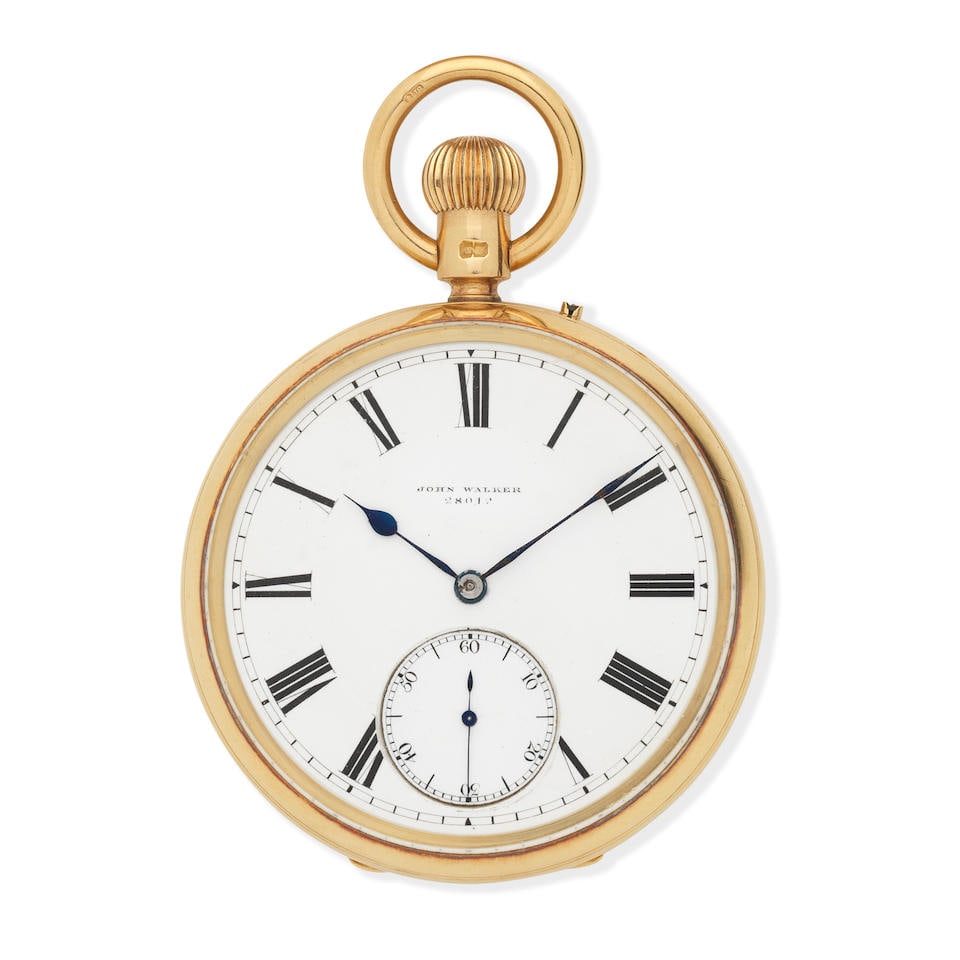 John Walker, 77 Cornhill & 230 Regent Street, London. An 18K gold keyless wind open face pocket ...: John Walker, 77 Cornhill & 230 Regent Street, London. An 18K gold keyless wind open face pocket watch Date: London Hallmark for 1891 Movement: English lever, No.28012 Dial: White, No.28012 Case: Polis