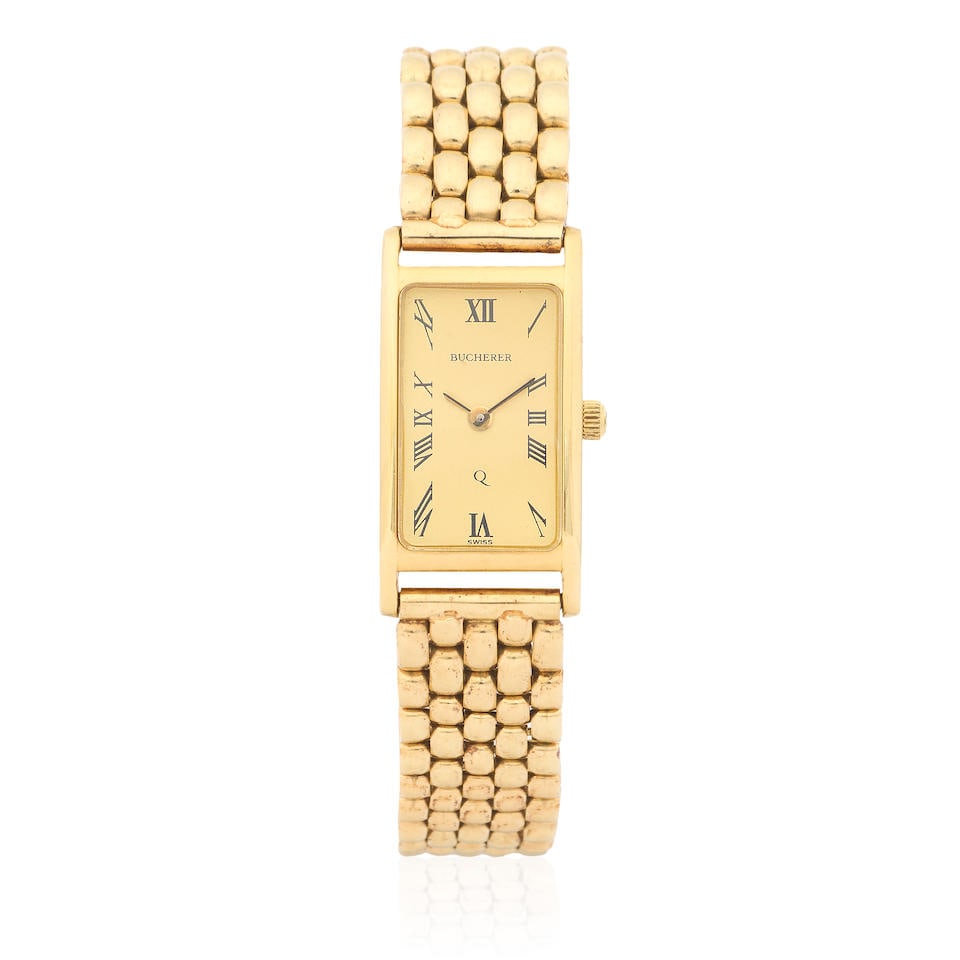 Bucherer. An 18K gold rectangular quartz bracelet watch with 14K gold bracelet Ref: 280.004, Cir...: Bucherer. An 18K gold rectangular quartz bracelet watch with 14K gold bracelet Reference: 280.004 Date: Circa 1990 Movement: 5-jewel ETA Cal.280.002 quartz Dial: Champagne Case: Polished rectangular,
