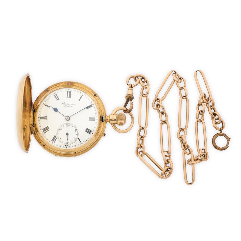 J.W. Benson, Ludgate Hill, London. An 18K gold keyless wind full hunter pocket watch London Hall...: J.W. Benson, Ludgate Hill, London. An 18K gold keyless wind full hunter pocket watch Date: London Hallmark for 1902 Movement: Gilt 3/4 plate English lever, No.1071073 Dial: White Case: Polished hinged