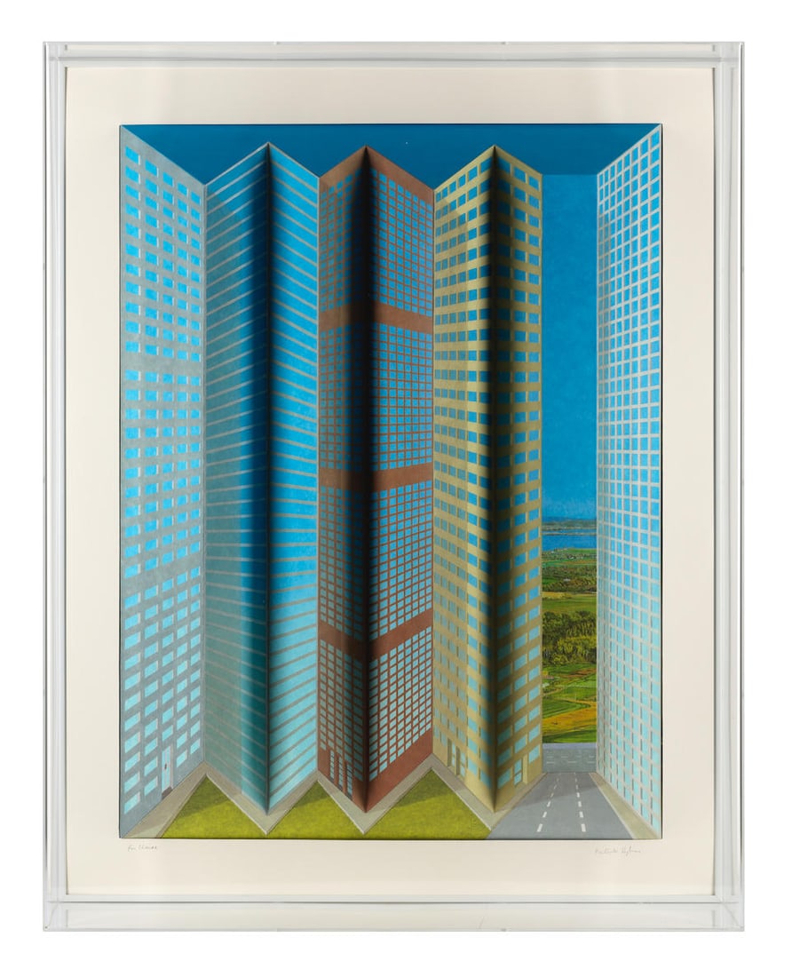 Patrick Hughes (British, born 1939) City 3D lithographic multiple with hand-colouring, 2000, sig...: Patrick Hughes (British, born 1939) City 3D lithographic multiple with hand-colouring, 2000, signed and dedicated 'for Claire' in pencil, a proof aside from the numbered edition of 40, published by Fl