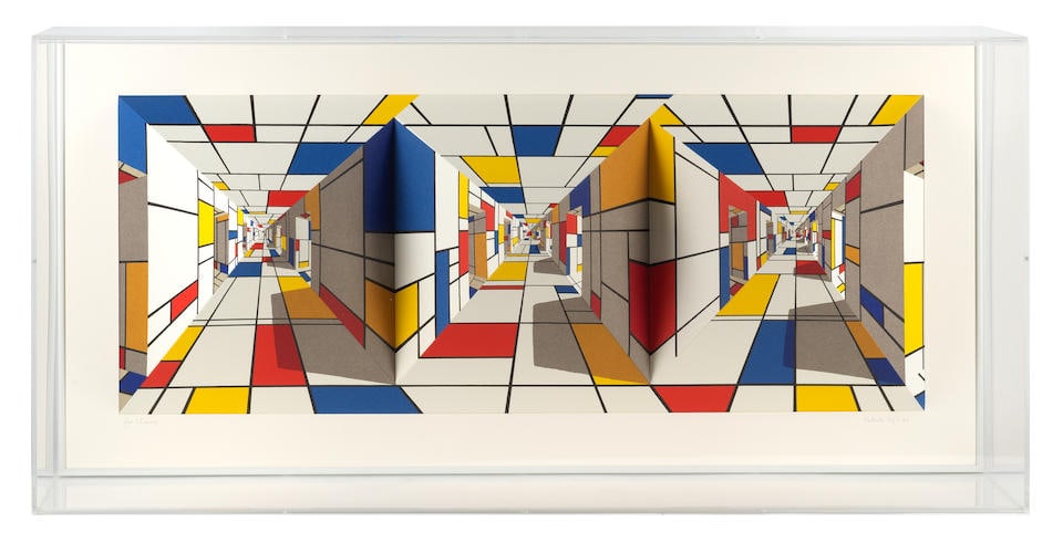 Patrick Hughes (British, born 1939) Purism 3D lithographic multiple with hand-colouring, 2006, s...: Patrick Hughes (British, born 1939) Purism 3D lithographic multiple with hand-colouring, 2006, signed and dedicated 'for Claire' in pencil, a proof aside from the numbered edition of 45, published by