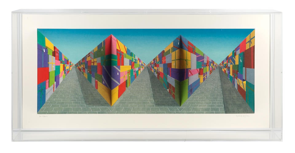 Patrick Hughes (British, born 1939) Gifts 3D lithographic multiple with hand-colouring, 2007, si...: Patrick Hughes (British, born 1939) Gifts 3D lithographic multiple with hand-colouring, 2007, signed and dedicated 'for Claire' in pencil, a proof aside from the numbered edition of 45, published by F
