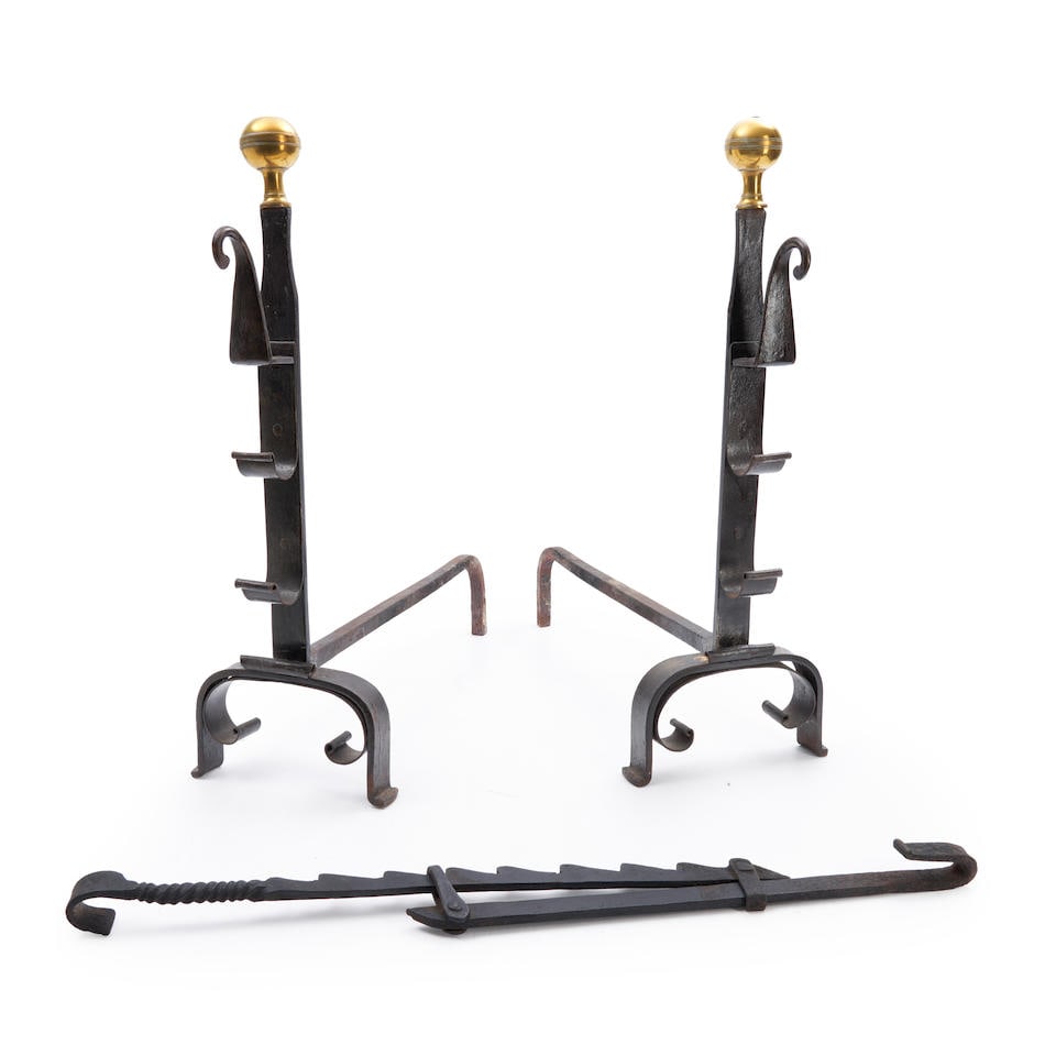 Two Ball-top Wrought Andirons and a Trammel, America or Europe, 19th century. (1 of 1)