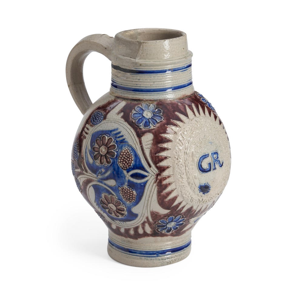 Westerwald Stoneware Cobalt and Manganese Glazed 'GR' Jug, 18th century. (1 of 1)