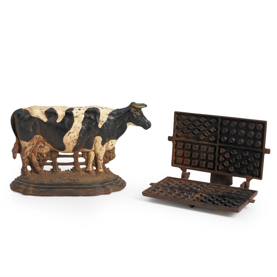 Cast Iron Waffle Iron and a Cow Doorstop, America, late 19th/early 20th century. (1 of 2)