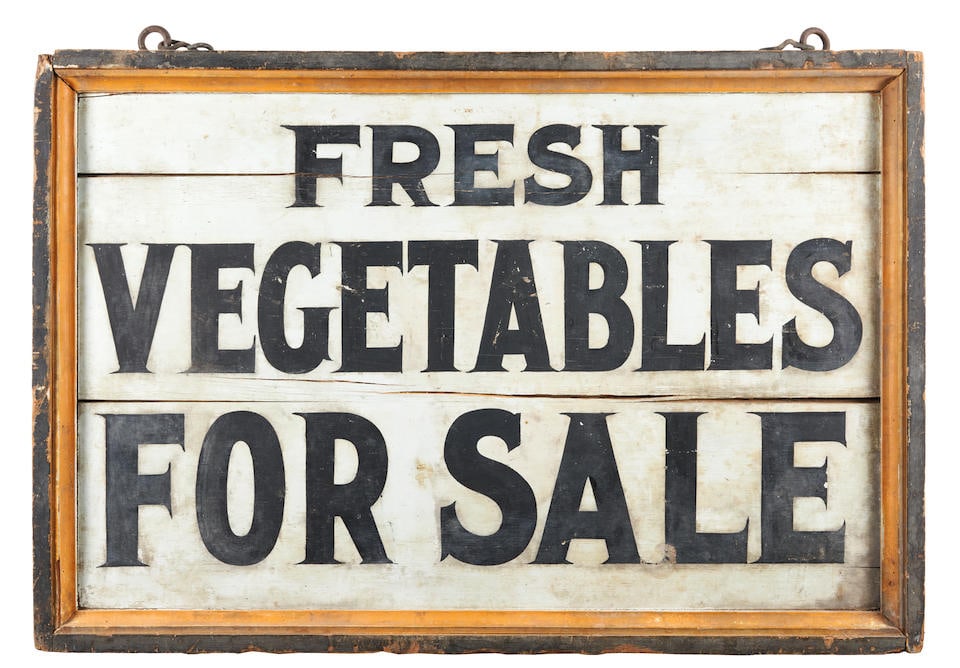 'Fresh Vegetables For Sale' Sign, America, early 20th century.: 'Fresh Vegetables For Sale' Sign, America, early 20th century. Cleated three-board surface painted white with inscription 'FRESH / VEGETABLES / FOR SALE' in black serif letters, surrounded by yellow-p