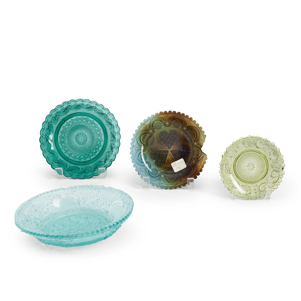 Four Blue and Green Pressed Glass Dishes, America and Europe, mid-19th century. (1 of 1)