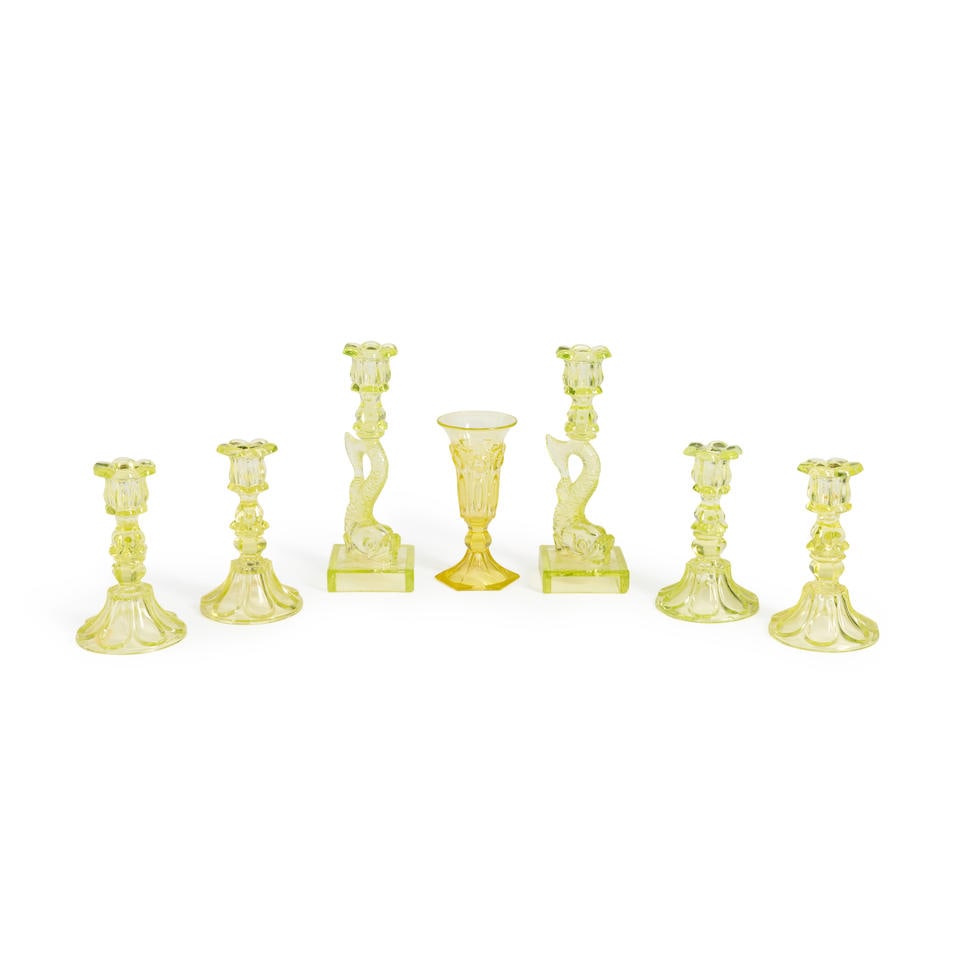 Six Yellow Pressed Glass Candlesticks and a Vase, America, mid-19th century. (1 of 1)