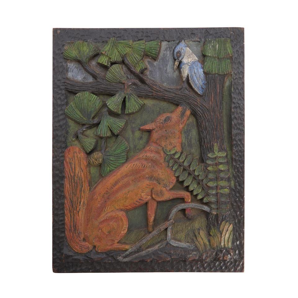 Carved Oak and Polychrome Painted Plaque of Kingfisher and Trapped Fox, J.C. Miller, late 19th/e... (1 of 1)