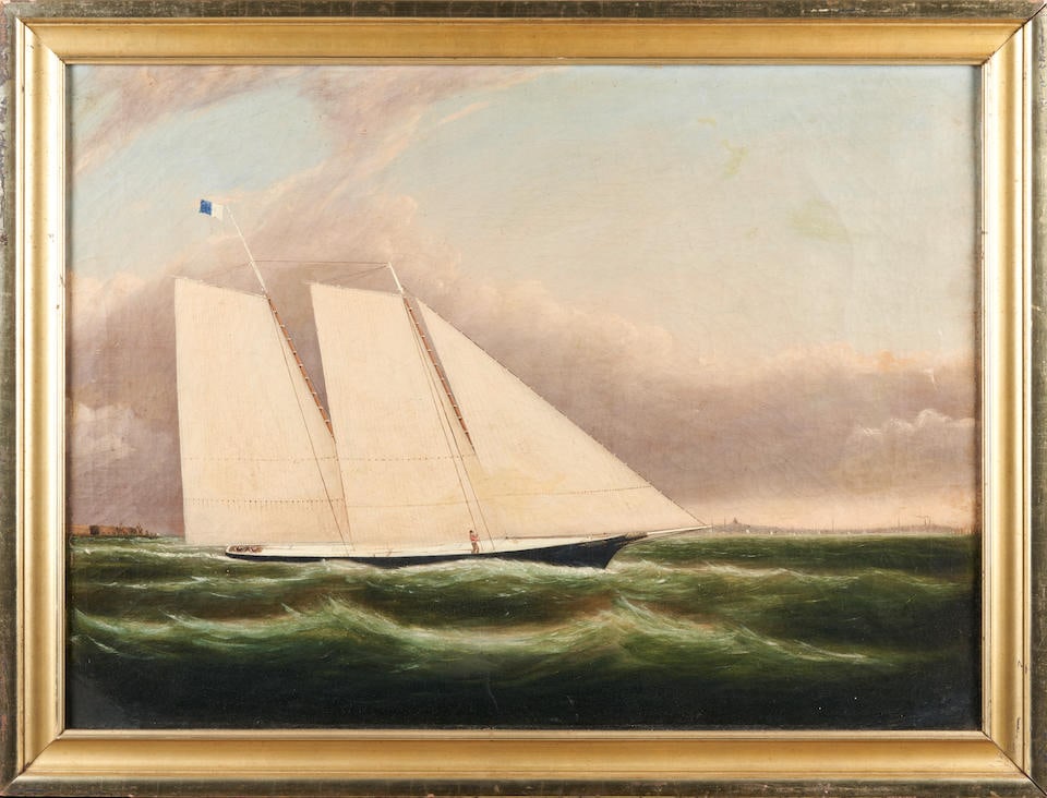 Portrait of the Schooner Anonyma, attributed to Clement Drew (American, 1806-89), c. 1850. frame...: Portrait of the Schooner Anonyma, attributed to Clement Drew (American, 1806-89), c. 1850. Two-masted vessel at full sail with Boston city skyline and Fort Winthrop on Governors Island in distance. Un