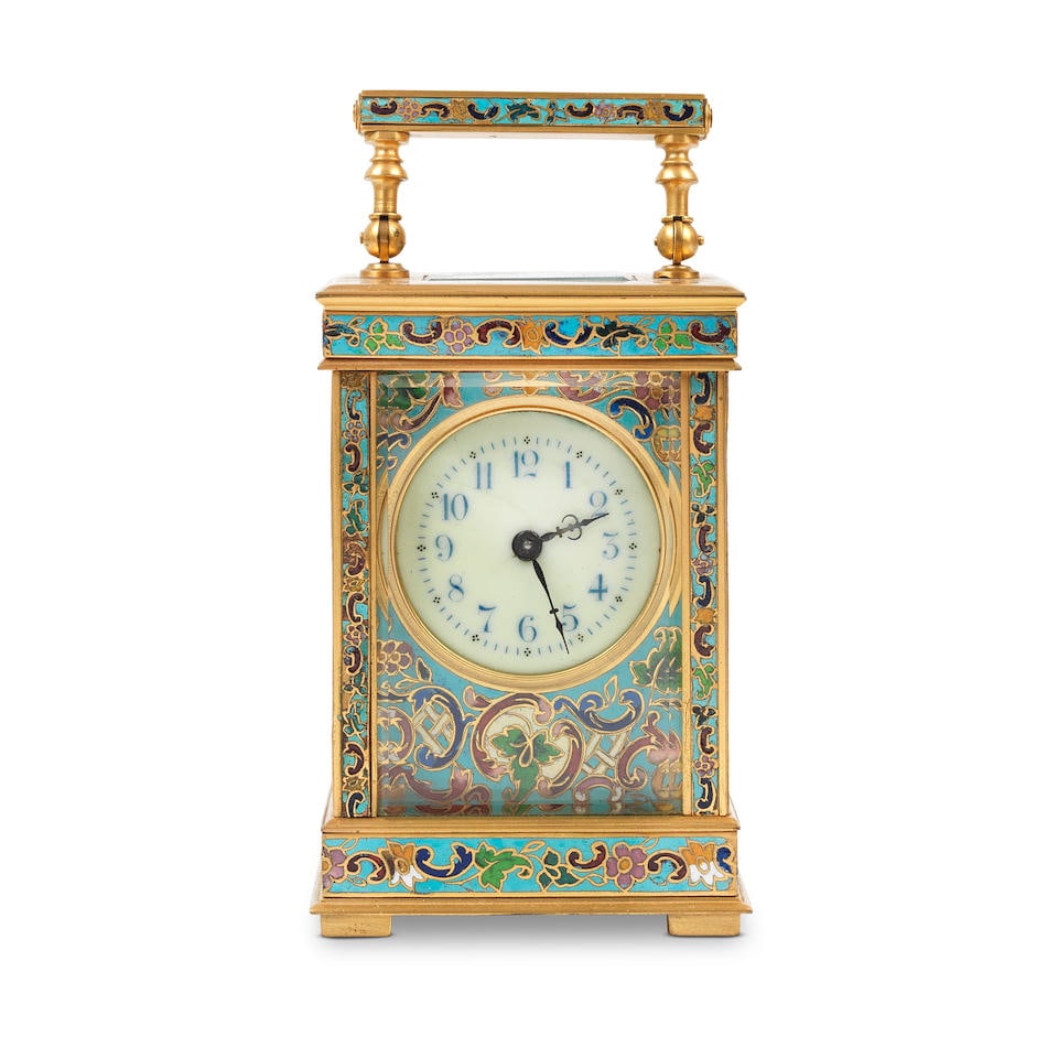 An early 20th century gilt brass and champlevé enamel carriage timepiece the backplate stam... (1 of 1)