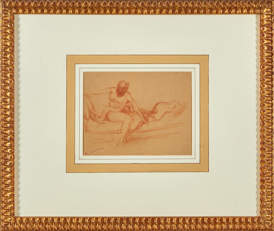 EVERETT SHINN (AMERICAN, 1876-1953) SEATED NUDE WITH HEAD LOWERED: EVERETT SHINN (AMERICAN, 1876-1953) SEATED NUDE WITH HEAD LOWERED • Conte crayon on paper • Signed 'E.SHINN' (lower left) • Framed • 6 1/2' x 8 1/4' sight size • 17 3/8'